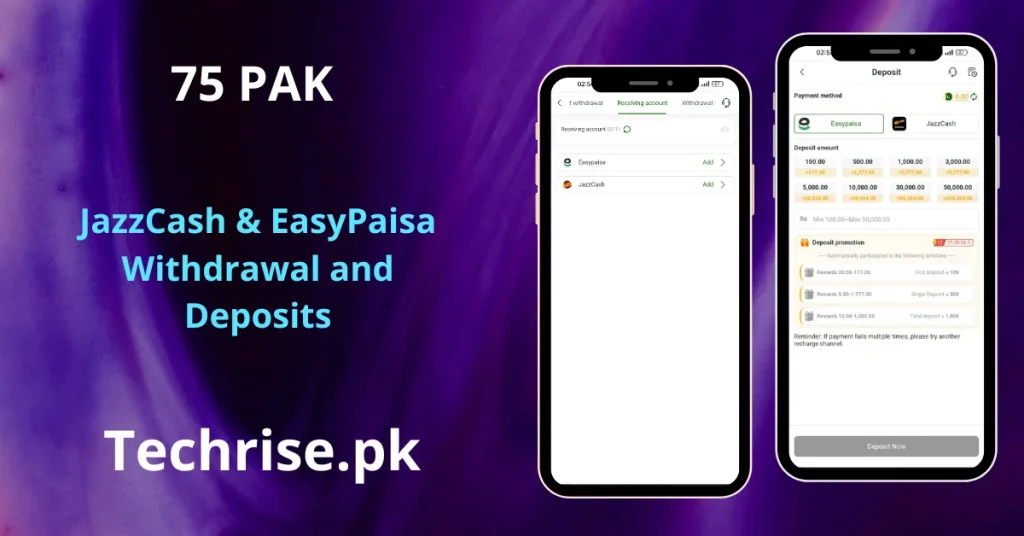 75PAK JazzCash and EasyPaisa deposit and withdrawal screen with bonus rewards
