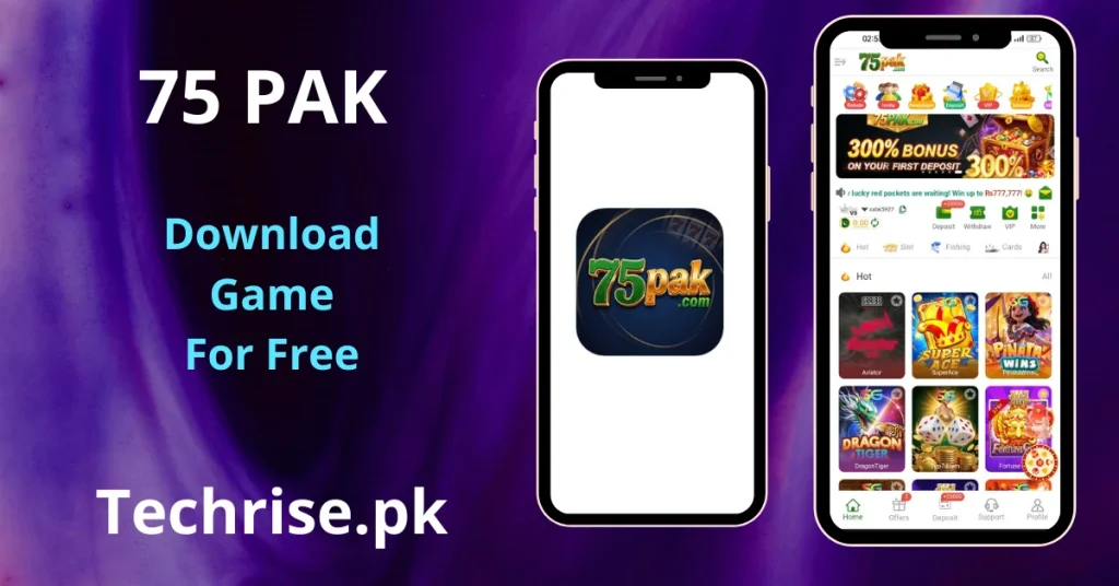 75PAK APK download - Screen showing app startup logo with 300% first deposit bonus on mobile app Pakistan