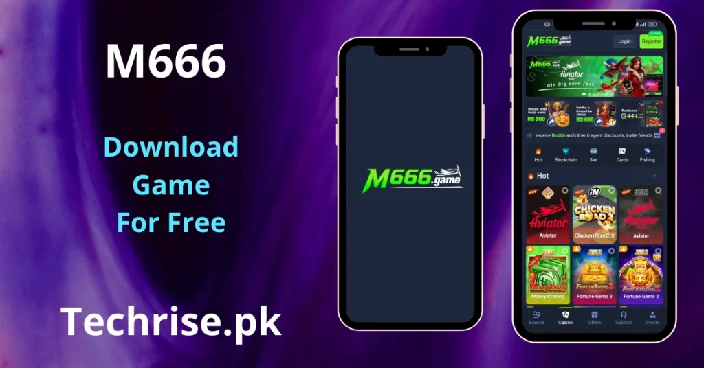 M666 APK download screen showing app startup logo and its in app casino games interface on Android smartphone