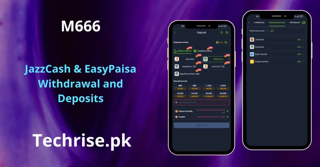 M666 app JazzCash and EasyPaisa deposit and withdrawal screen in Pakistan