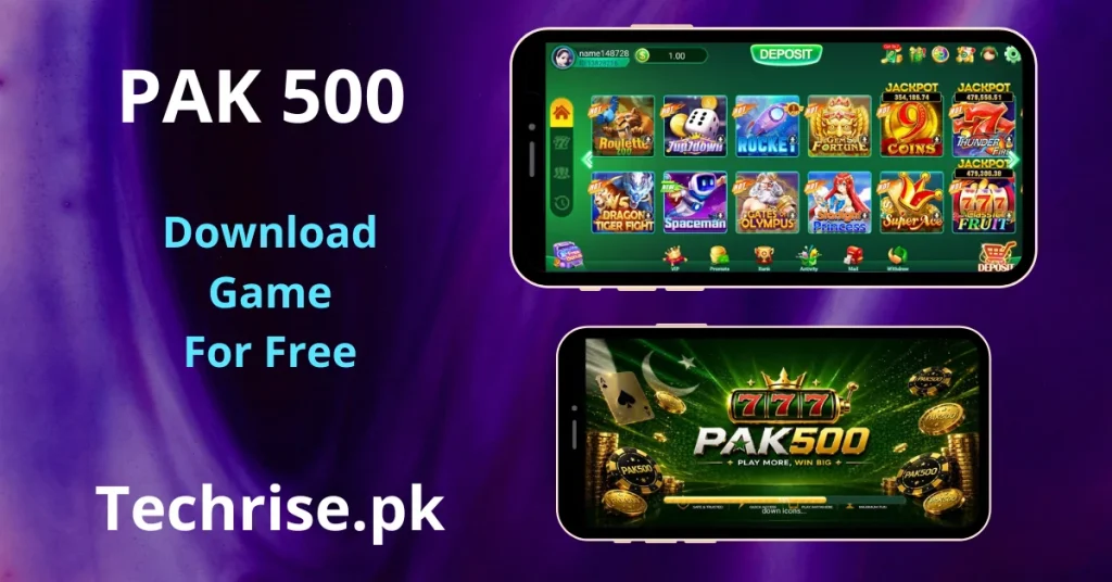 PAK500 APK download screen showing inside app interface and on game start up message "Play More Win Big casino app Pakistan"