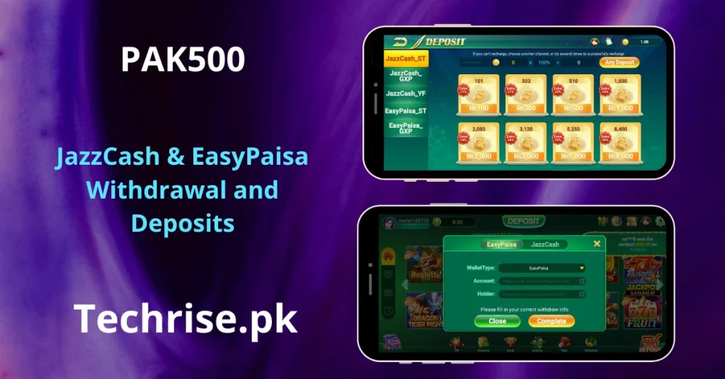 Two mobile screens show PAK500 JazzCash and EasyPaisa deposit and withdrawal method Pakistan