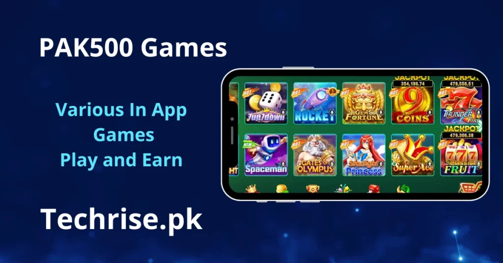 Mobile phone image shows PAK500 app games including Spaceman, Gates of Olympus, Starlight Princess slots