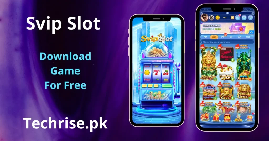 SvipSlot APK download game showing slot machine and in app interface on two Android phones