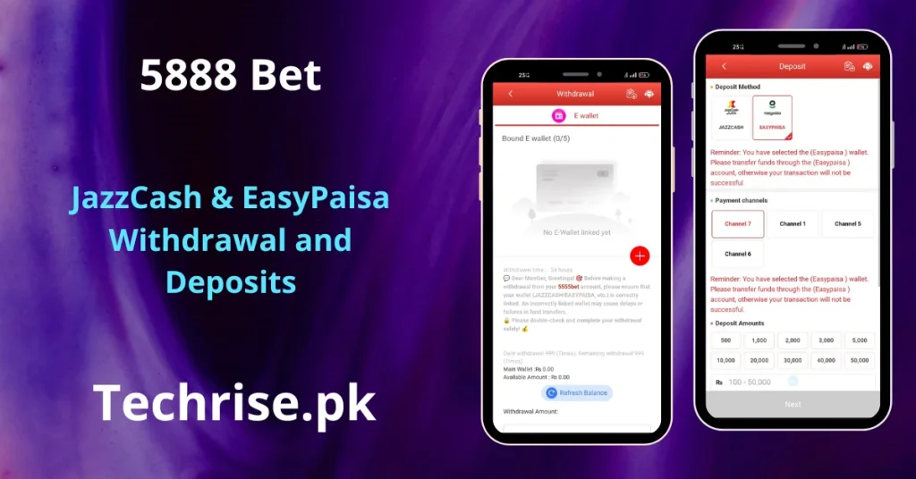 5555 Bet JazzCash and Easypaisa withdrawal and deposit screen on Android