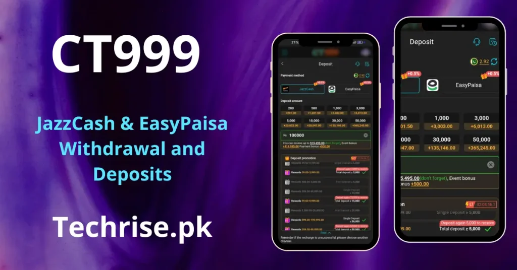 Smartphone screens showing the deposit interface of the CT999 app with JazzCash and EasyPaisa payment options and fixed deposit amounts, over a purple background.