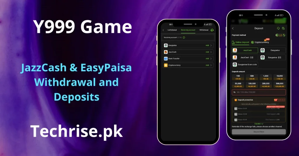 Y999 Casino games screen showing two smartphones displaying a grid of casino games including Aviator, Money Coming, Fortune Gems, Fortune Gems 2, Crazy777, and Piggy Bank. Text reads "Y999 Casino – Various In App Games Play and Earn – Techrise.pk