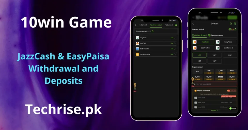 10win Casino games screen showing two smartphones displaying hot casino games including JILI Slots, PG Slots, Fortune Gems, Fortune Gems 3, Fortune Gems 2, Money Coming, Aviator, and Samba Dance, with referral earning promotions visible. Text reads "10win Casino – Various In App Games Play and Earn – Techrise.pk