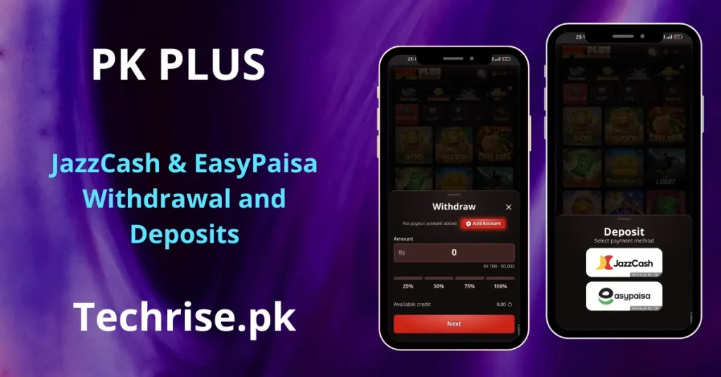 PK PLUS Game deposit and withdrawal screen showing two smartphones — one displaying the withdrawal modal with an amount field (Rs 100–50,000), percentage quick-select buttons (25%, 50%, 75%, 100%), and an Add Account prompt, and another showing the deposit screen with JazzCash and EasyPaisa payment method options, both with a minimum of Rs 100. Text reads "PK PLUS – JazzCash & EasyPaisa Withdrawal and Deposits – Techrise.pk"