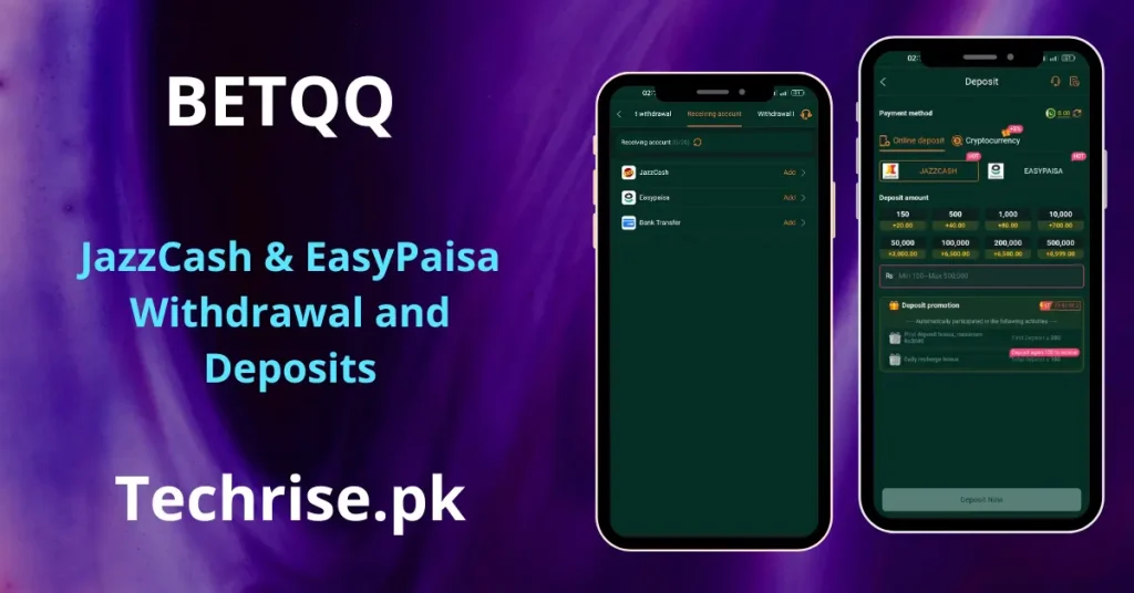 BetQQ game app deposit and withdrawal screens showing JazzCash and EasyPaisa payment methods with deposit amounts ranging from 150 to 500,000 PKR, featured on Techrise.pk
