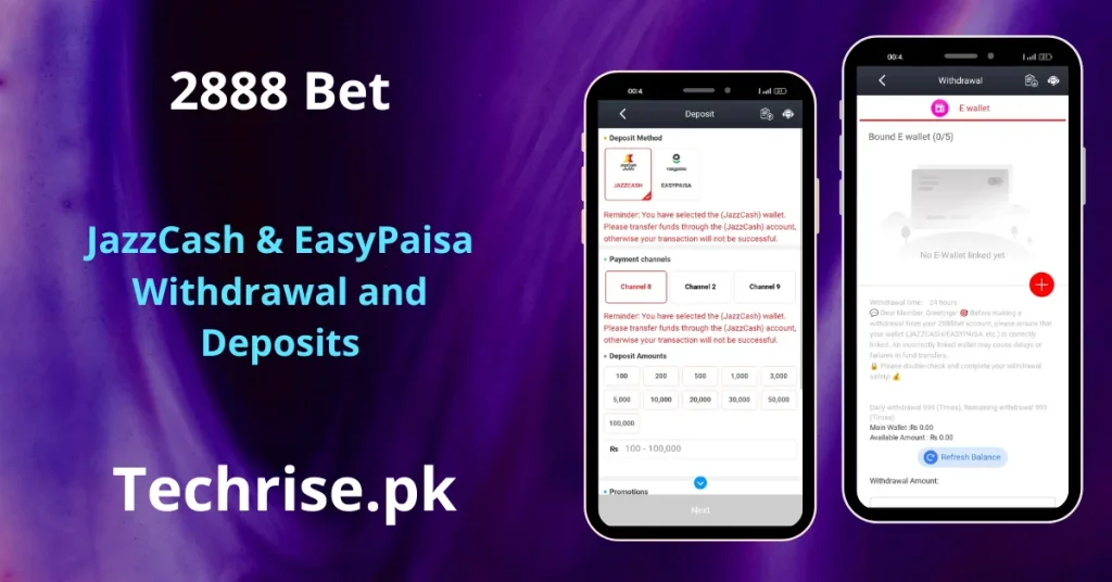An informational graphic for 2888 Bet on a purple background, featuring the text "JazzCash & EasyPaisa Withdrawal and Deposits" and "Techrise.pk." Two smartphone screens are shown: the left screen displays a "Deposit" interface with options for JazzCash and EasyPaisa and various deposit amounts ranging from 100 to 100,000 PKR. The right screen shows a "Withdrawal" interface for an "E-wallet" with a "Bound E-wallet" section and withdrawal instructions.