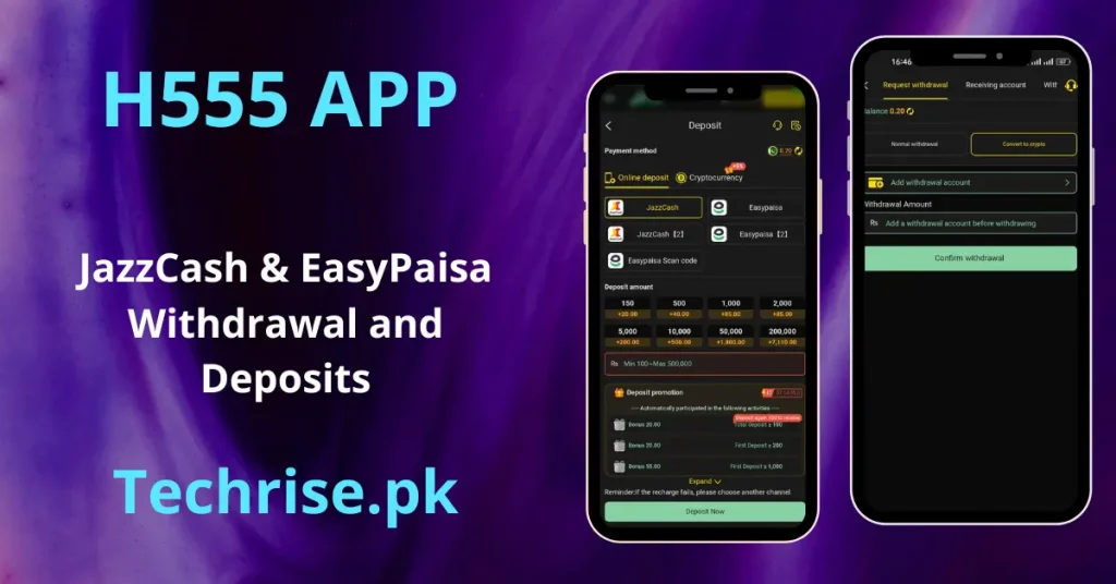 Two smartphone mockups demonstrating the deposit and withdrawal setup screens within the H555 app featuring local Pakistani payment methods JazzCash and EasyPaisa.