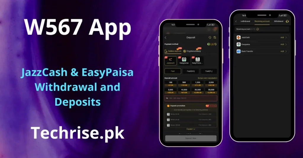 Two vertical smartphone mockups over a purple background, highlighting the W567 app's deposit amount tiers and receiving account configuration page for JazzCash and EasyPaisa.