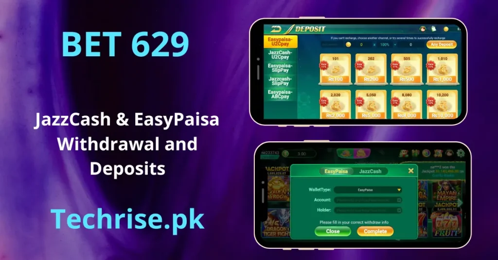 Two horizontal smartphone mockups on a purple background showcasing the deposit token tiers and withdrawal details screen inside the BET 629 app using EasyPaisa and JazzCash.