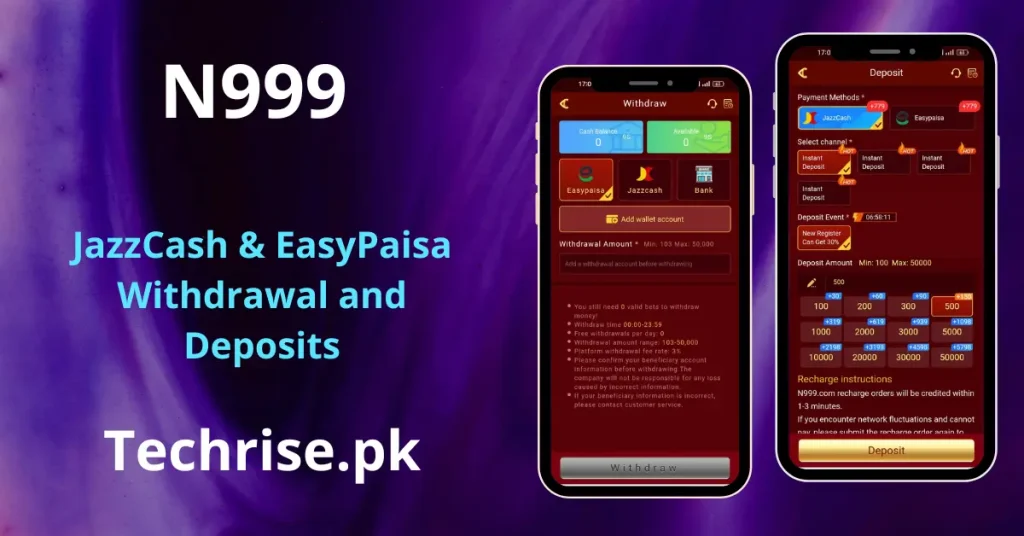 A promotional banner showing the "Withdraw" and "Deposit" screens of the N999 app on smartphones, highlighting support for JazzCash and EasyPaisa.