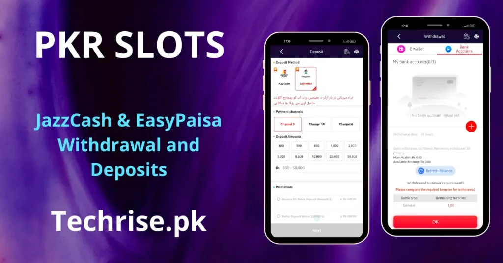 PKR Slots app payment interface showing JazzCash and EasyPaisa options for mobile withdrawals and deposits.