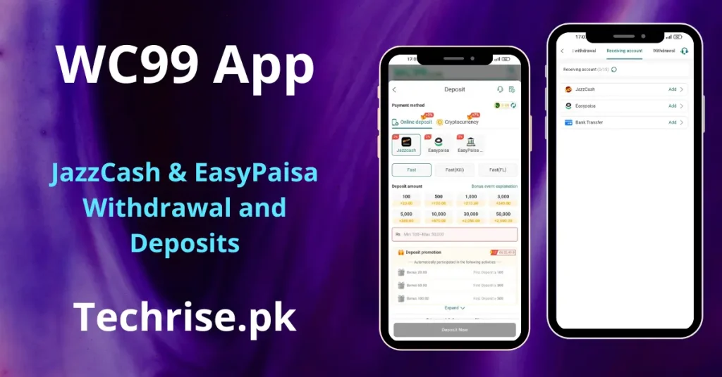 WC99 online gaming app showing payment transaction methods via JazzCash, EasyPaisa, and Bank Transfer.
