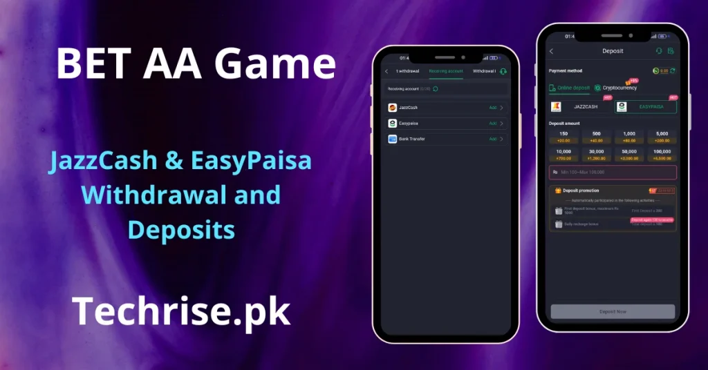 BetAA game app deposit and withdrawal screens on two smartphones showing JazzCash and EasyPaisa payment options with deposit amounts from 150 to 100,000 PKR, featured on Techrise.pk