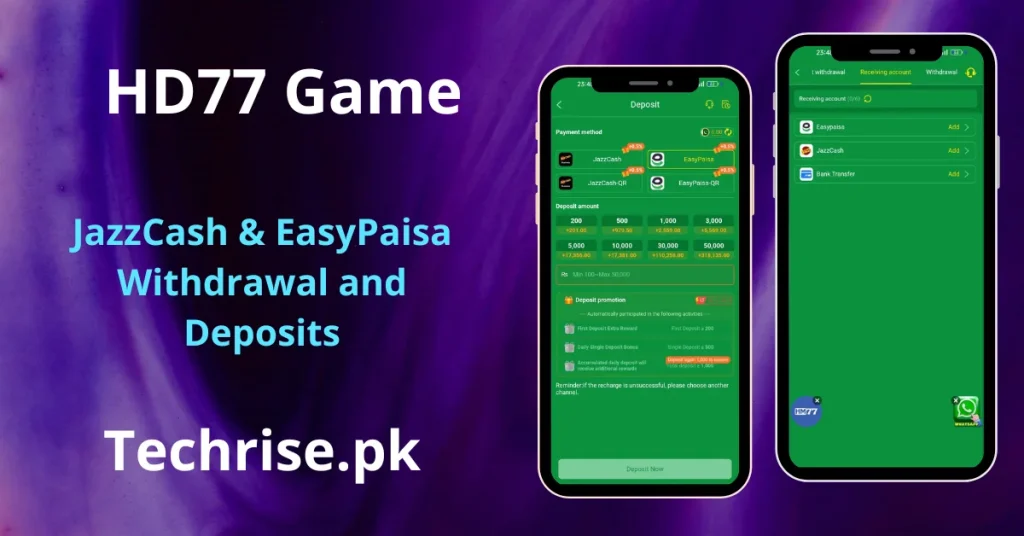 HD77 game app deposit and withdrawal screens on two smartphones showing JazzCash, EasyPaisa, JazzCash-QR, and EasyPaisa-QR payment options with deposit amounts up to 50,000 PKR, featured on Techrise.pk