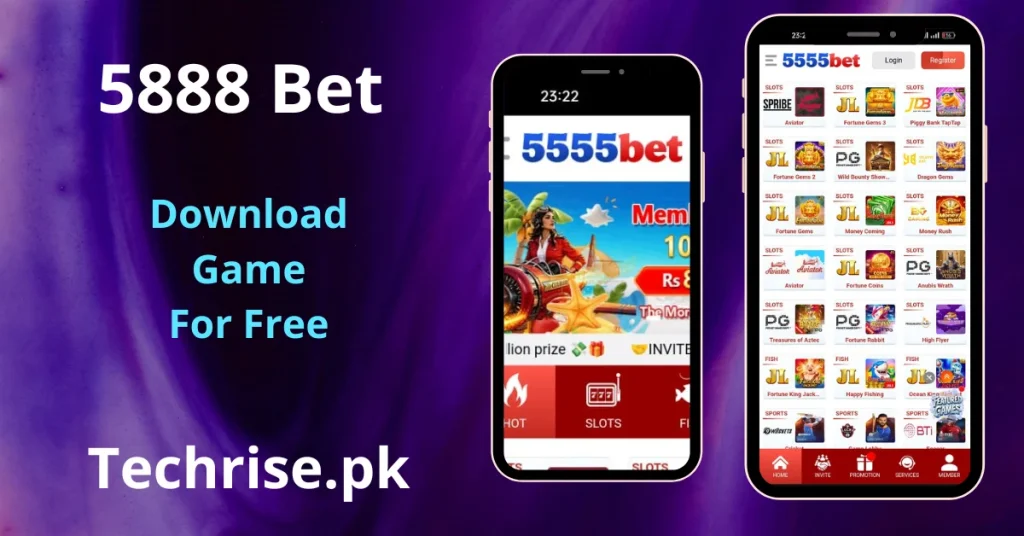 5555 Bet APK download showing the app interface with slots, hot games, and sports sections on Android