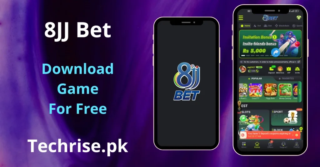 8jj Bet APK Download - mobile app showing two smartphones — one displaying the 8JJ Bet logo splash screen and another showing the app's home screen with an Rs 5,000 invitation bonus banner and popular games like Crazy777, Piggy Bank, and Money Coming