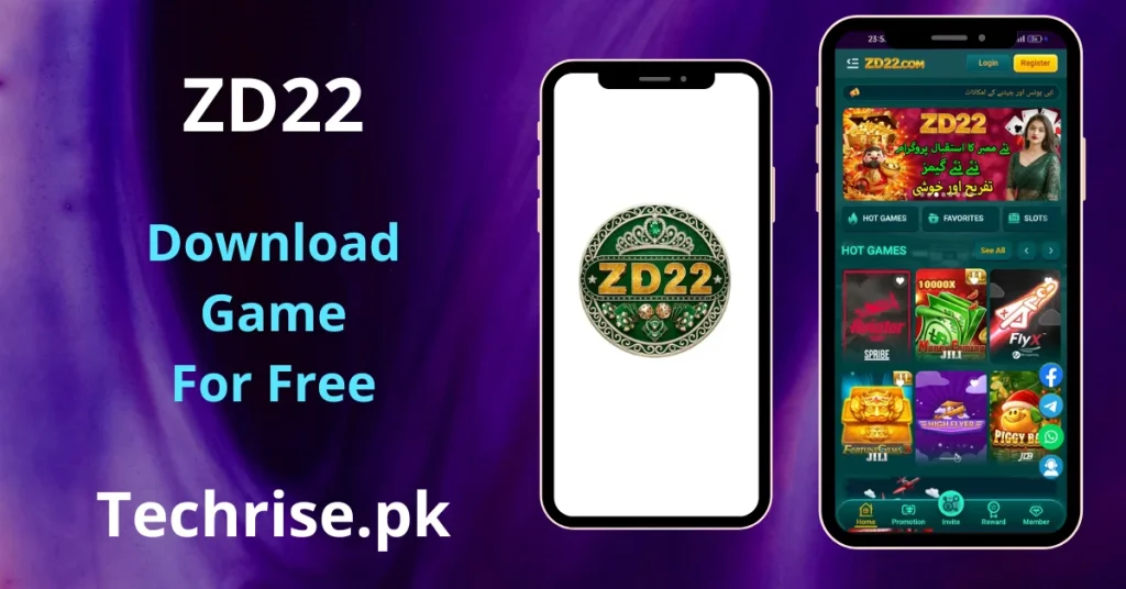 ZD22 APK DOWNLOAD - Game app displayed on two smartphones showing the splash screen and home interface with hot games and slots, available as a free download on Techrise.pk