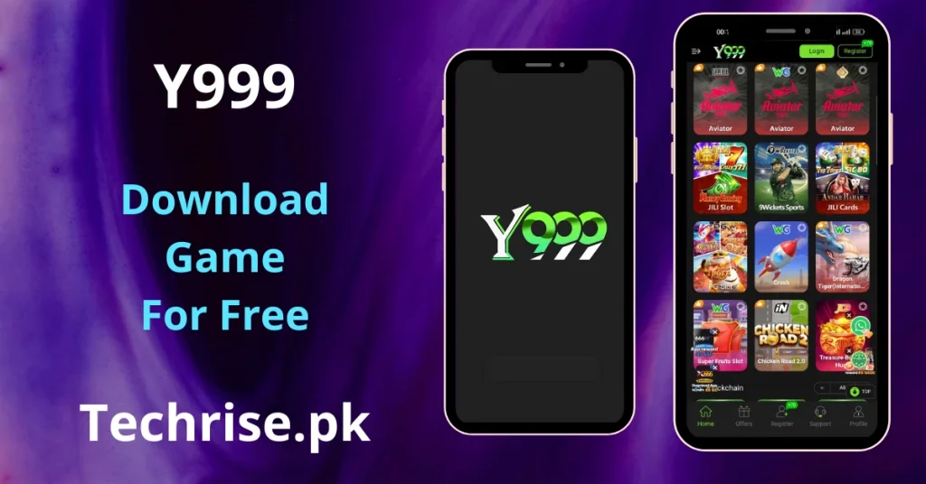 Y999 APK Download - mobile app showing two smartphones — one displaying the Y999 logo splash screen and another showing the app's home screen with games including Aviator, JILI Slot, 9Wickets Sports, JILI Cards, Crash, Dragon Tiger, and Chicken Road 2.0. 