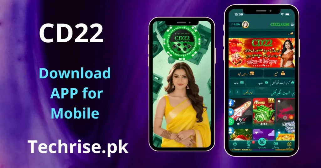 CD22 APK Download - mobile app showing two smartphones — one displaying the CD22 logo splash screen with a female model in a yellow outfit, and another showing the app's Urdu-language home interface with game categories and featured titles including FlyX and Money Coming.