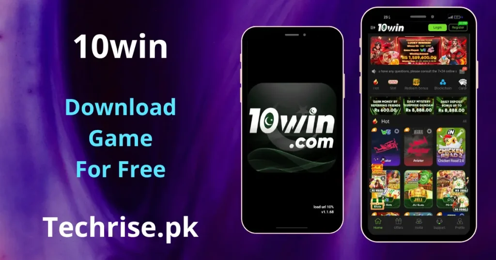10win APK Download - mobile app showing two smartphones — one displaying the 10win loading splash screen at version 1.1.68, and another showing the app's home screen with categories including Hot, Slot, Redeem Bonus, Blockchain, and Cards, along with hot games like Aviator and Chicken Road 2.0 and daily deposit bonuses up to Rs 8,888.