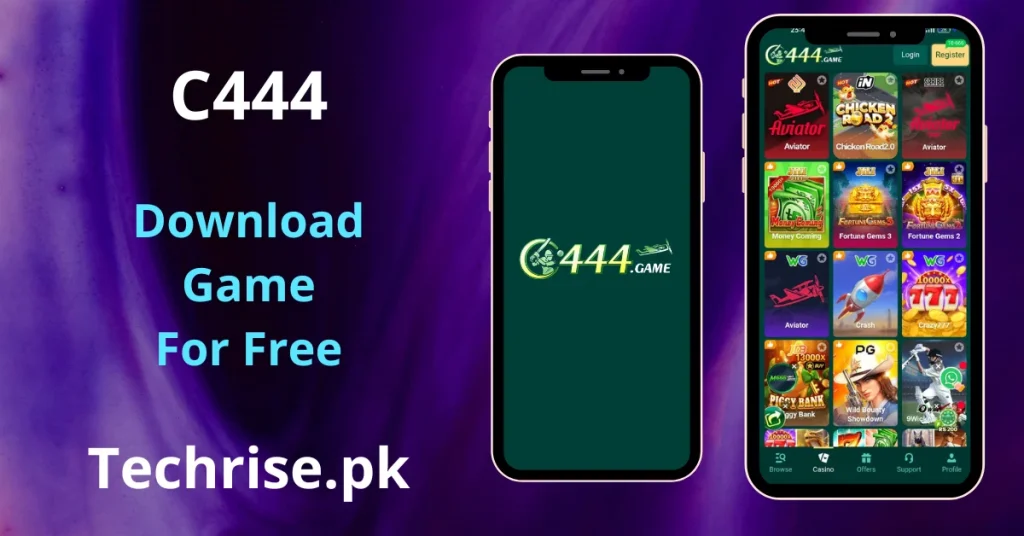 C444 APK Download - mobile app showing two smartphones — one displaying the C444. GAME logo splash screen on a dark green background, and another showing the app's home screen with games including Aviator, Chicken Road 2.0, Money Coming, Fortune Gems 3, Fortune Gems 2, Crash, Crazy777, Piggy Bank, and Wild Bounty Showdown.