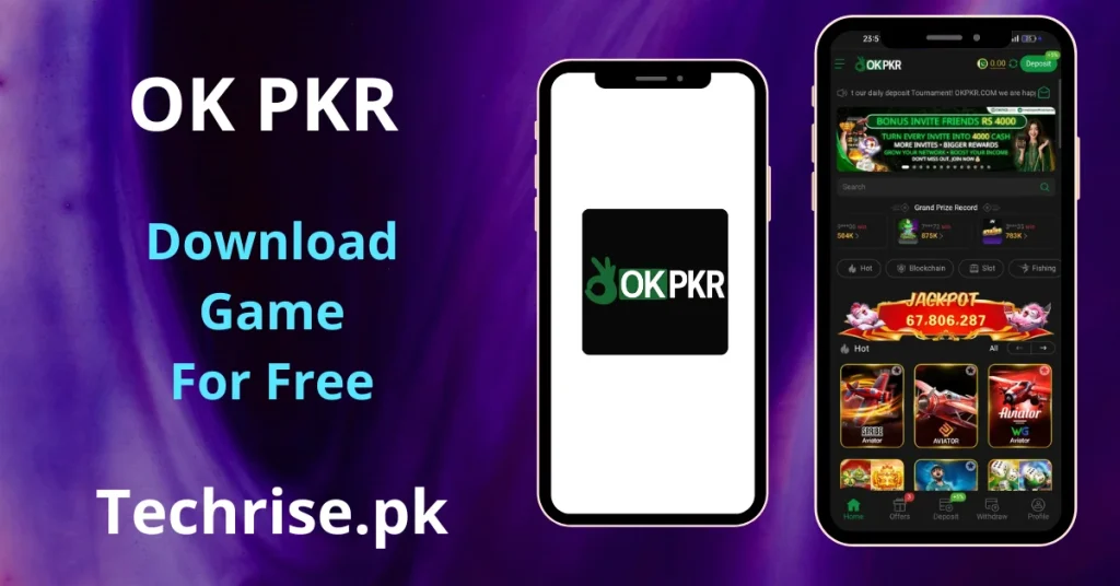 OKPKR Game APK Download -mobile app showing two smartphones — one displaying the OKPKR logo splash screen on a black background, and another showing the app's home screen with an Rs 4,000 friend invitation bonus, a Jackpot counter at 67,806,287, Grand Prize Record, and hot games including multiple Aviator variants across Blockchain, Slot, and Fishing categories.