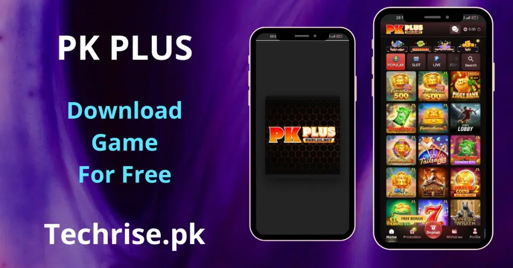 PK PLUS APK Download - mobile app showing two smartphones — one displaying the PKPLUS.NET logo splash screen on a dark hexagonal background, and another showing the app's home screen with Popular, Slot, Live, Fish, and Search tabs, featuring games including Fortune Gems 500, Piggy Bank, Money Coming, Fortune Gems 3, TaiGa88, Showdown, Fortune Gems 2, and Anubis Wrath.