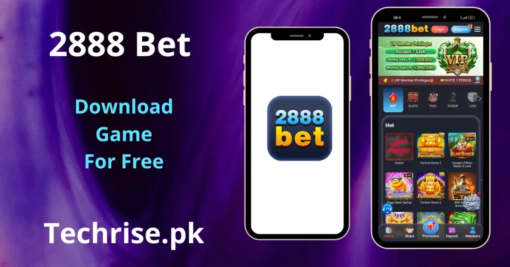 2888 Bet APK Download - Two mobile phone screens showing 2888 bet game startup logo and inside app interface containing games and displaying Vip Banner