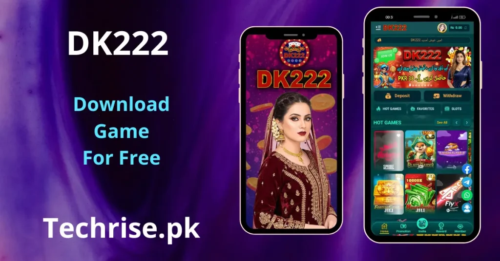 DK222 APK Download - Gaming app against a purple abstract background. The text "DK222," "Download Game For Free," and "Techrise.pk" is prominently displayed on the left. Two smartphone screens are featured: the center screen shows a splash page with a woman in traditional South Asian attire and the DK222 logo, while the right screen displays the main app dashboard with "Deposit" and "Withdraw" buttons, a promotional banner, and a grid of "HOT GAMES" such as Aviator and Fortune Gems.