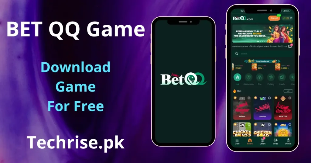 BetQQ Game Download - game app displayed on two smartphones showing the splash screen and home interface with hot games like Aviator and Chicken Road, available as a free download on Techrise.pk