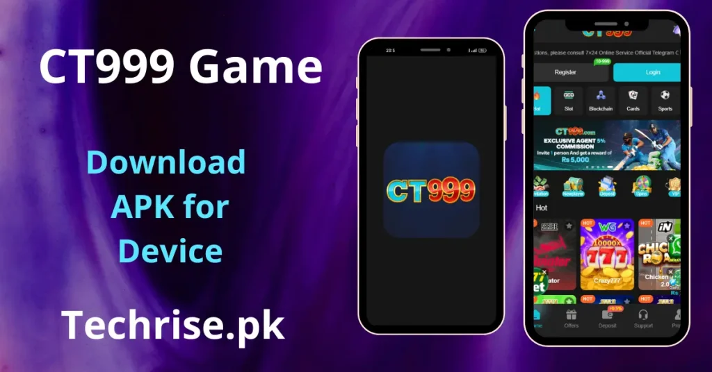 CT999 APK Download -Smartphone screens displaying the login page and home interface of the CT999 gaming application against a purple background, promoted by Techrise.pk.