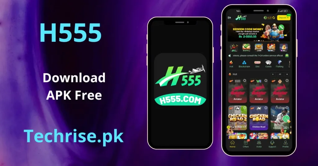 H555 APK Download - Two smartphone mockups showcasing the H555 app loading screen and its main dashboard interface against a purple background, promoted by Techrise.pk.