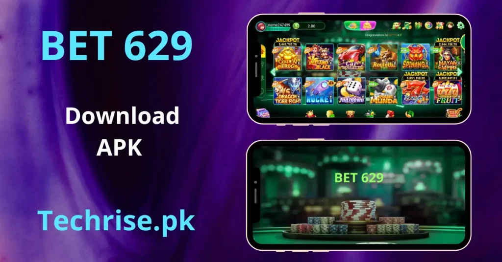 BET 629 APK Download - Two smartphone mockups positioned horizontally against a purple background, displaying the BET 629 game selection dashboard and its branded loading screen.