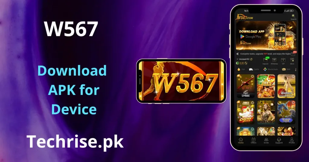 W567 APK Download -Two smartphone mockups—one horizontal showing a gold-themed W567 splash screen and one vertical showing the main dashboard interface—displayed against a purple background.