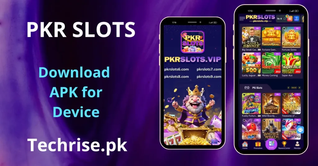 PKR SLOTS APK Download - Image shows mobile app interface display featuring game download details, domains, and available slot game selections.
