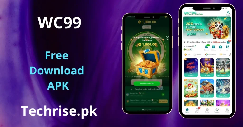 WC99 APK Download - mobile app interface displaying first deposit bonuses, rewards interface, and available APK download features.