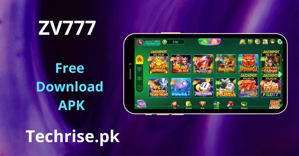 ZV777 APK Download - A smartphone displaying the green, icon-packed main dashboard of the ZV777 gaming app next to text advertising a free APK download.
