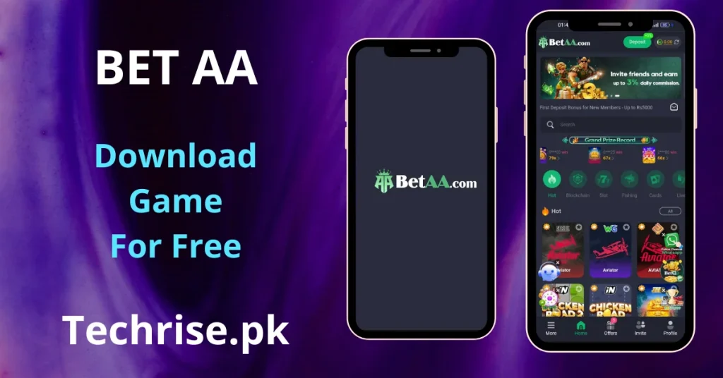 BetAA APK Download - App displayed on two smartphones showing the splash screen and home interface with hot games including Aviator and Chicken Road, available as a free download on Techrise.pk