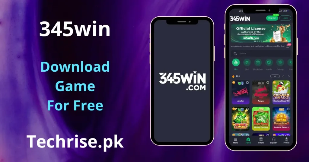 345win APK Download - 345Win Game APK interface showing home screen with Aviator, Chicken Road 2.0, Money Coming, and Fortune Gems 3 games — Download on Techrise.pk