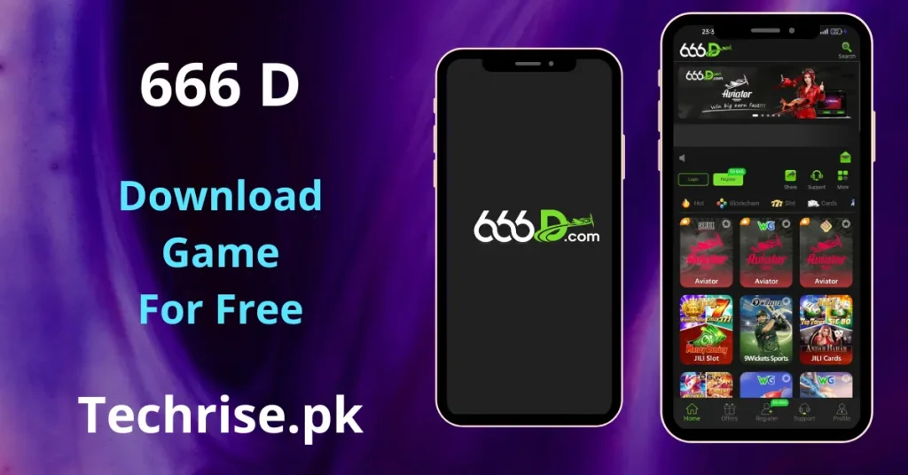 666D Game APK home screen showing Aviator, JILI Slot, 9Wickets Sports, and JILI Cards game categories — Download 666D APK on Techrise.pk