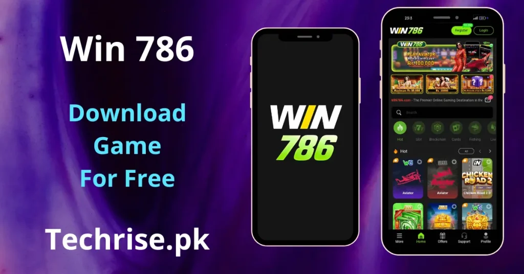  Win786 APK Download - mobile app showing two smartphones — one displaying the app's splash screen with the Win786 logo, and another showing the app's home screen with game categories and featured titles like Aviator and Chicken Road 2.0. Text reads "Win 786 – Download Game For Free – Techrise.pk