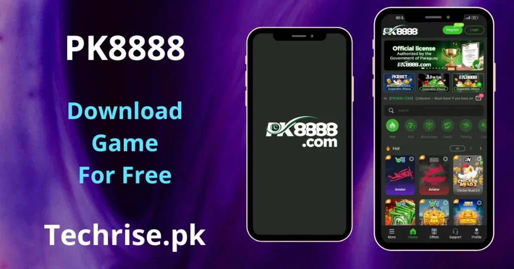 PK8888 APK Download - mobile app showing two smartphones — one displaying the PK8888 logo splash screen and another showing the app's home screen with hot games like Aviator and Chicken Road 2.0. Text reads "PK8888 – Download Game For Free – Techrise.pk