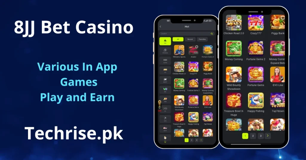 8JJ Bet Casino games screen showing two smartphones displaying a large grid of hot casino games including Chicken Road 2.0, Crazy777, Piggy Bank, Money Coming, Fortune Gems, Wild Bounty Showdown, EVO Live, Treasure Bowl X-Huge, Happy Fishing, and 7up7down.