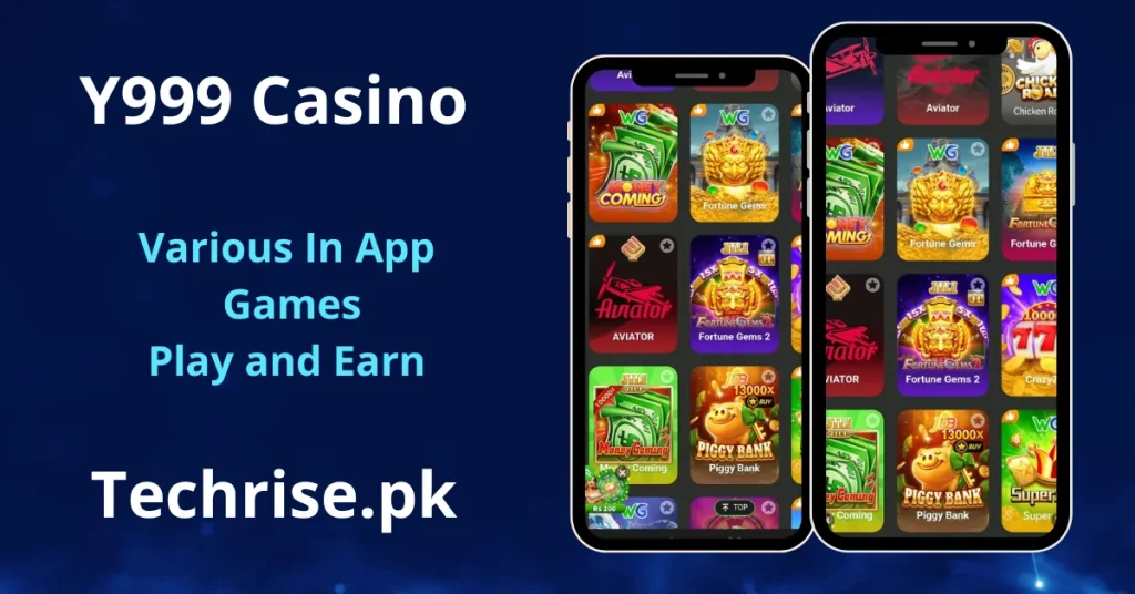 Y999 Game deposit and withdrawal screen showing two smartphones — one displaying the receiving account screen with EasyPaisa, JazzCash, Bank Transfer, and Cryptocurrency options, and another showing the deposit screen with JazzCash and EasyPaisa payment methods and deposit amounts ranging from Rs 150 to 500,000. Text reads "Y999 Game – JazzCash & EasyPaisa Withdrawal and Deposits – Techrise.pk