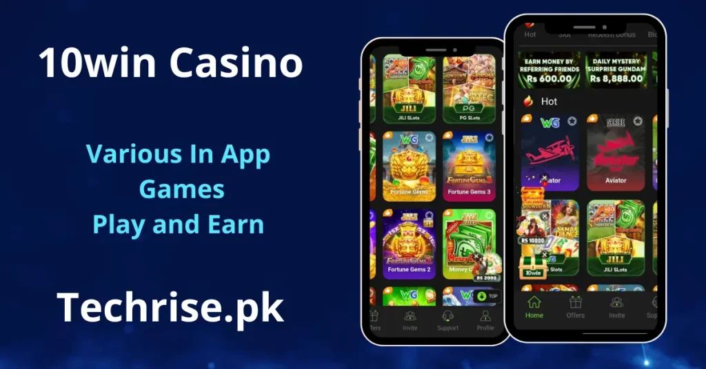 10win Game deposit and withdrawal screen showing two smartphones — one displaying the receiving account screen with EasyPaisa, JazzCash, Bank Transfer, and Cryptocurrency options, and another showing the deposit screen with JazzCash and EasyPaisa payment methods and preset deposit amounts ranging from Rs 100 to 50,000 with bonus rewards.